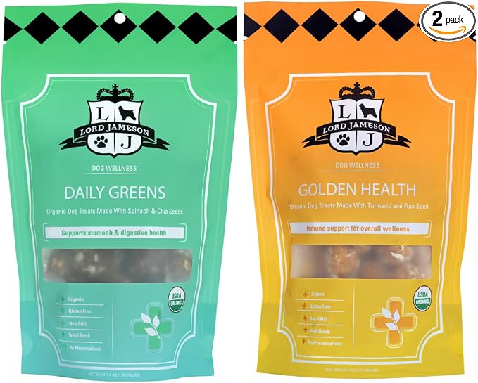 Golden Health and Daily Greens Bundle – Soft & Chewy Healthy Organic Dog Treats, Gluten-Free & Allergy-Friendly, Supports Digestive Health, Made in USA – Sensitive Stomach Dog Treats (2-Pack)