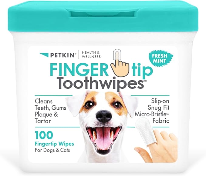 Fingertip Tooth Wipes for Dogs and Cats, 100 Finger Wipes - Slip-On, Snug Fit, Micro-Bristle Fabric - Cleans Teeth, Gums, Plaque & Tartar - Convenient, Ideal for Home and Travel - Fresh Mint