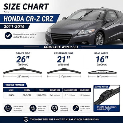 AERO Wipers OEM Replacement for Honda CR-Z CRZ 2016 2015 2014 2013 2012 2011, 26"+21" Front + 16" Rear, All-Season Windshield Wiper Blades with Extra Squeegee Refills + 1-Year Warranty (Set of 3)