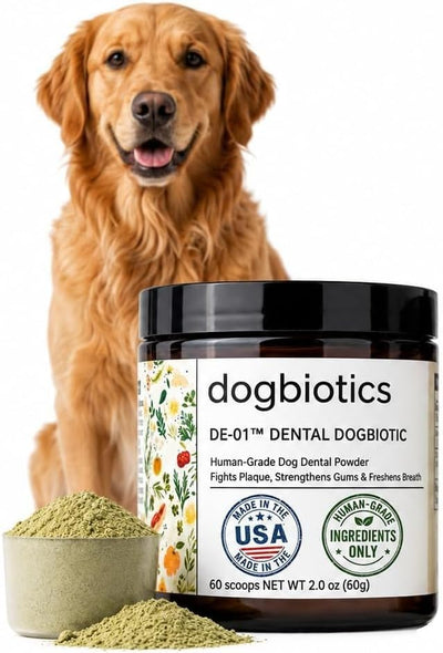 Dogbiotics DE-01 Dog Dental Powder - Clinically Studied Oral Postbiotic for Plaque, Tartar & Gum Support, Targets Bad Breath - Human-Grade Ingredients, Made in USA, No Brushing - 60 Scoops (2oz / 60g)