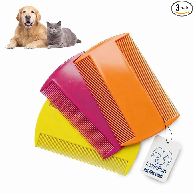Pet Flea Comb for Dogs & Cats (3-Pack) – Fleas, Loose Fur & Tick Removal Tool for Cats & Dogs – Gentle & Durable Fine-Tooth Pet Hair Comb for Comfortable, Clean Coat Care