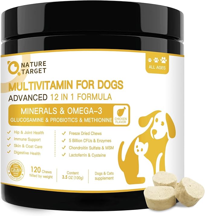 NATURE TARGET Dog Multivitamins for Overall Health with Minerals, Immune Support, Digestive Health, Joint, Hip, Skin & Coat Care with Probiotics, Glucosamine, Enzymes, 120 Freeze Dried Chews | 40+ Active Nutrients with Glucosamine, Omega-3, Probiotics ...