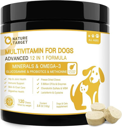 NATURE TARGET Dog Multivitamins for Overall Health with Minerals, Immune Support, Digestive Health, Joint, Hip, Skin & Coat Care with Probiotics, Glucosamine, Enzymes, 120 Freeze Dried Chews | 40+ Active Nutrients with Glucosamine, Omega-3, Probiotics ...