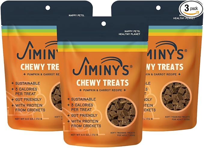 Jiminy's Chewy Cricket Training Treats for Dogs, Low Calorie, Hypoallergenic, Made in USA, 6oz, Pumpkin & Carrot (Pack of 3)