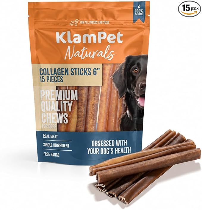 Collagen Sticks for Dogs – 6 Inch (15 Pack) Natural Single-Ingredient Beef Chews – Long-Lasting & Fully Digestible – Supports Dental & Joint Health