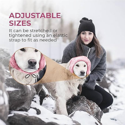 Dog Ear Muffs Noise Protection - Soft Calming Hood for Anxiety Relief, Fireworks, Thunder, Grooming & Vet Visits - Elastic Headband & Comfortable Neck Warmer for Travel (Pink, Small)
