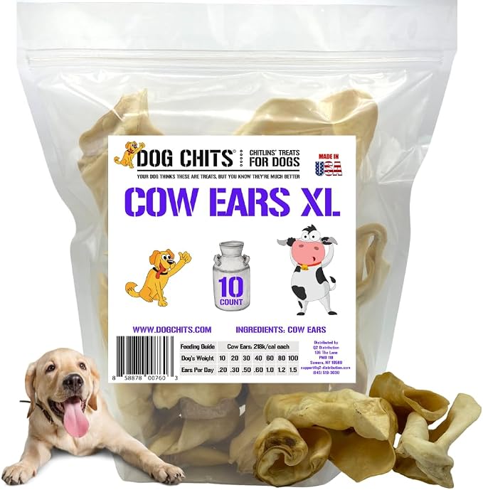 Cow Ears for Dogs – All Natural Cow Ear Dog Treats & Training Chews – High Protein, Low Fat – Thick Cut, Full-Sized – Dental Clean Crunch – for Medium & Large Dogs – Extra Large, 10 Pk