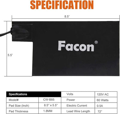 Facon 8-1/2'' x 5-1/2'' Silicone Battery Heater Pad with Thermostatically Controlled, Automotive Electric Silicone Battery Warmer Pad, 120V, 60Watts Grey