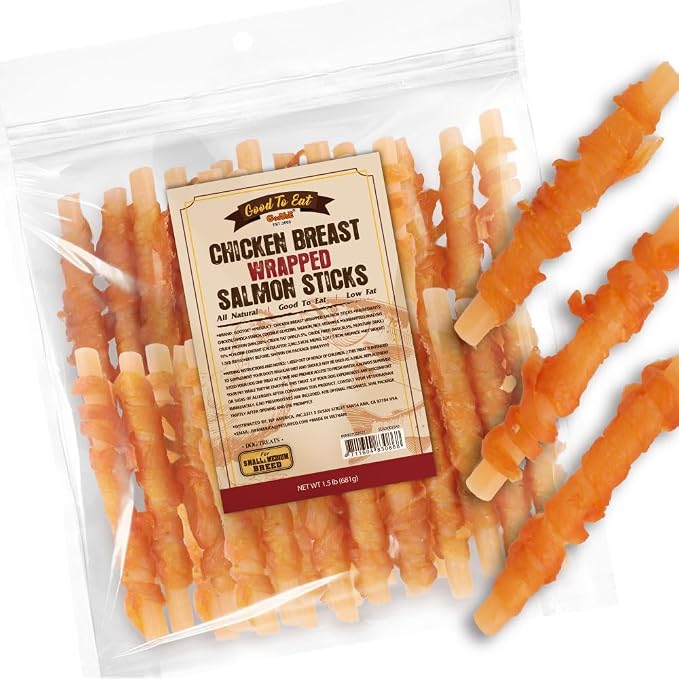Dog Treats, All Natural, Low Fat, Premium Training Chews, Healthy & Easily Digestible, Treat and Train, Chicken Breast Wrapped Salmon Sticks, 1.5lb