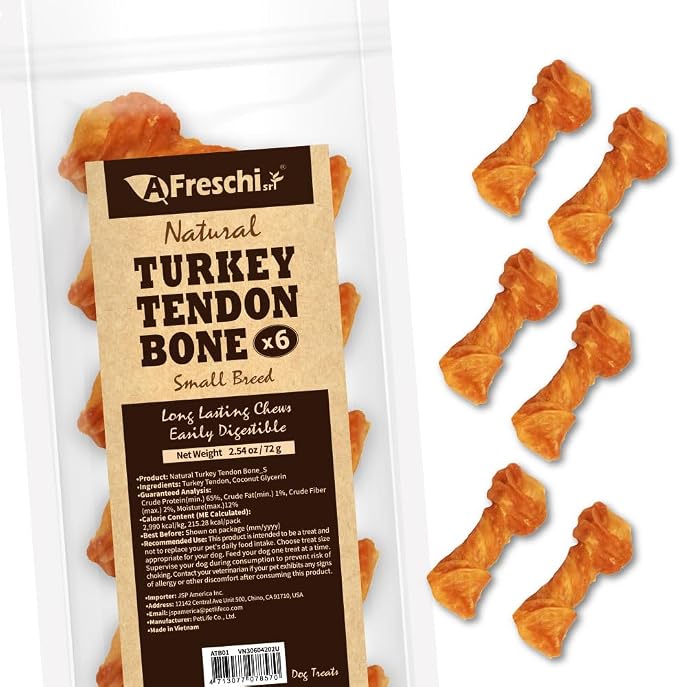 Turkey Tendons for Dogs, USA-Sourced Human Grade, Rawhide-Free Long-Lasting Puppy Chews, All Natural Hypoallergenic Dog Treats for Small Breeds, Bone (S), 6 Count Pack