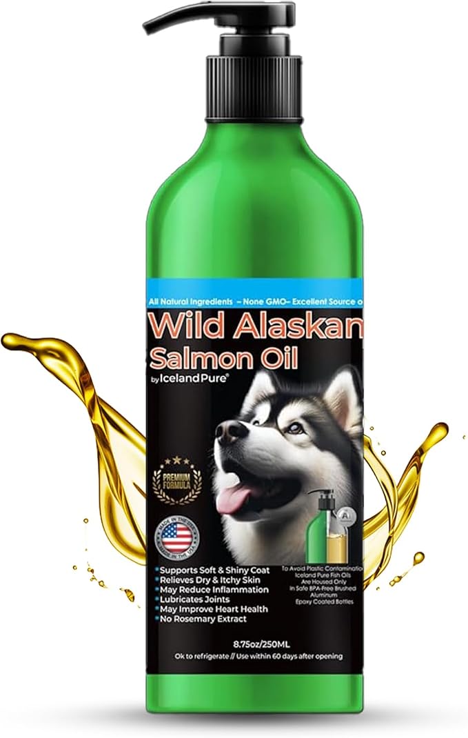 Wild Alaskan Salmon Oil for Dogs and Cats by | 1,043 mg of Omega-3 per Teaspoon | Salmon Oil & Pollock Blend | BPA-Free Brushed Aluminum Epoxy Coated Bottle with Pump - 8.75 oz