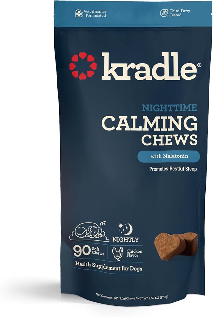 Kradle Nighttime Calming Chews for Dogs - Sleep and Relaxation Support - Melatonin L-Theanine Chamomile Ashwagandha - Calming Supplement for Bedtime and Stress - Chicken Flavor - 90 Chews