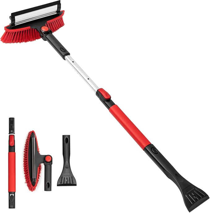 Car Snow Brush Ice Scraper Remover with Squeegee 39inch Long Handle Extendable Snow Removal Tool Windshield Snow Scrapers Removal Shovel for Ice and Snow Red Color