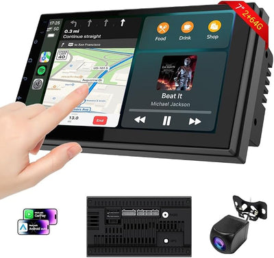 Haudio Car Accessories 7" HD Double Din Car Stereo with Carplay & Android Auto, 2+64G CarAudio Receivers Featuring Voice Control, Backup Camera,Bluetooth, GPS Navigation, Built-in 14Band DSP EQ