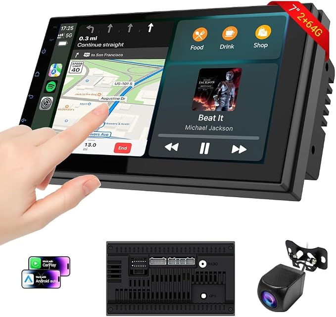 Car Accessories 7" HD Double Din Car Stereo with Carplay & Android Auto, 2+64G CarAudio Receivers Featuring Voice Control, Backup Camera,Bluetooth, GPS Navigation, Built-in 14Band DSP EQ