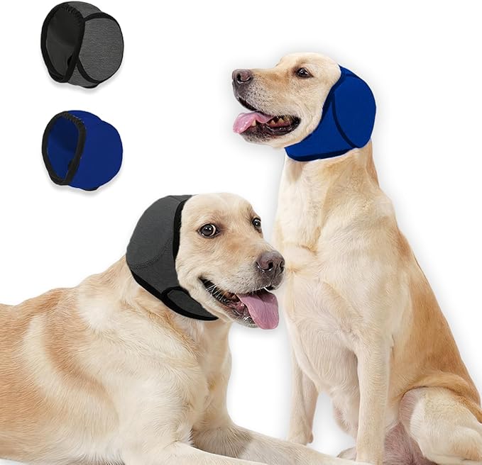 Dog Ear Covers,Dog Ear Muffs Noise Protection,No Flap Ear Wrap for Dogs Hematoma Recovery,Adjustable Calming Hoodie Shower Cap for Grooming,Bathing,Swimming & Anxiety Relief(Grey&Blue,M)