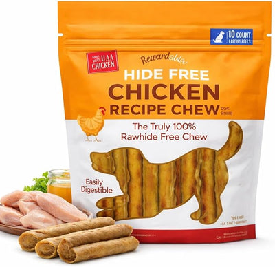 Rewardables Hide Free Chicken Recipe Chews, 10 Count | Easily digestible rawhide alternative with real chicken first, grain-free formula ideal for sensitive stomachs