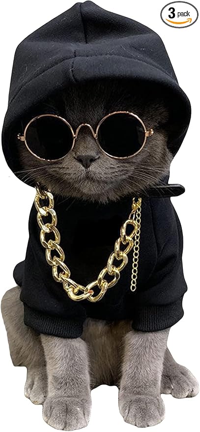 3Pcs Dog Hoodie Cat Apparel Dog Custume Set with Necklace and Sunglasses Pet Clothes for Puppy Small Medium Dogs Cats Multicolor S
