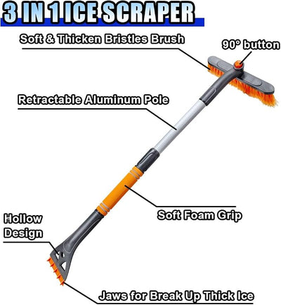 KITUREK 31.5" Detachable Snow Brush and Ice Scraper for Car Windshield, 2-in-1 Winter Snow Removal Tool with Extendable, 360° Rotating Soft Bristle Brush Head and Foam Grip for Most Vehicles (Orange)
