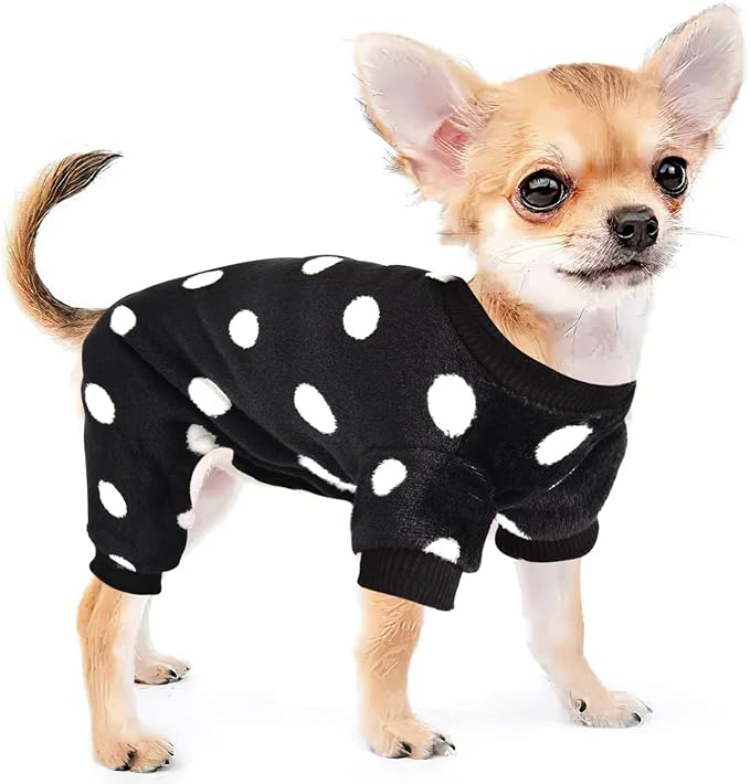 Chihuahua Pajamas for Dogs Small Puppy Pjs Fleece Winter Warm Dog Jumpsuit Cute Pet Clothes Tiny Dog Sweater Clothing Yorkie Teacup Outfits (Polka Dot Black, X-Small)