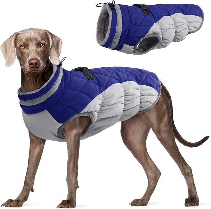 FUAMEY Dog Coat for Large Dogs,Waterproof Dog Winter Jacket with Harness Built in Puppy Cold Weather Coats Reflective Pet Vest with Zipper Warm Fleece Dogs Snowsuit Windproof Blue L