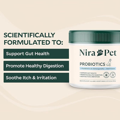 Nira Pet 5-in-1 Anti-Itch Probiotics for Dogs – 2 Strain Formula for Itching, Allergies and Gut Health with Colostrum, Postbiotics – 60 Beef Chews