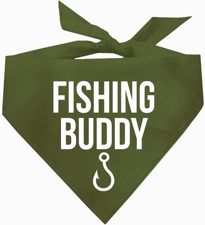 Fishing Buddy Dog Bandana | 100% Cotton Adjustable Triangle | Made in USA | Boat & Fishing | Captain | Beach & Lake | Summer | Outdoors |Father's Day |One Size | Military Green (99)