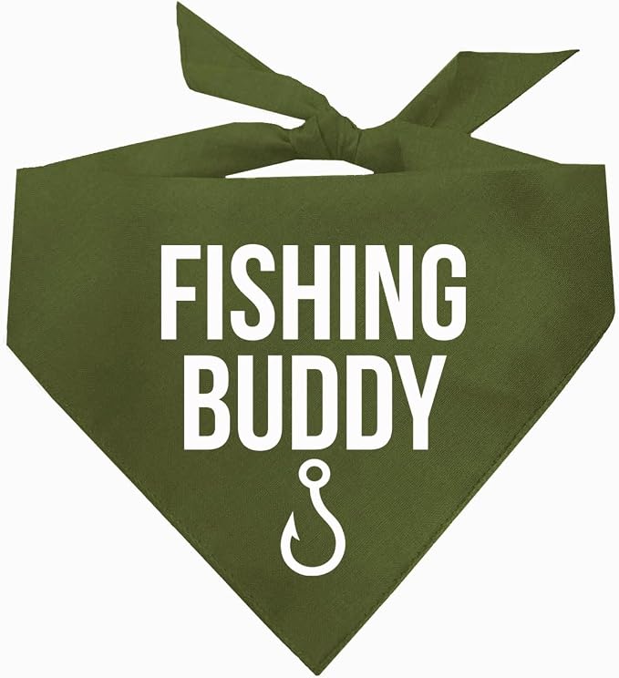 Fishing Buddy Dog Bandana | 100% Cotton Adjustable Triangle | Made in USA | Boat & Fishing | Captain | Beach & Lake | Summer | Outdoors |Father's Day |One Size | Military Green (99)