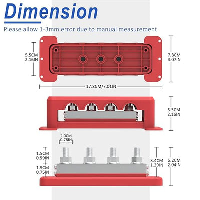 600A Bus Bar 12V Power Distribution Block with 3/8" (M10) 4-Posts Heavy Duty Terminals Block with Cover for Automotive, Marine, Battery System (Red)