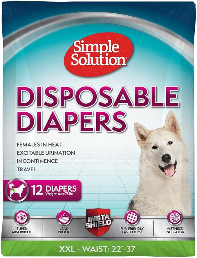 Simple Solution Disposable Female Dog Diapers, Absorbent Leak Proof Protection for Incontinence, Puppy Training, Heat Cycle, Travel, and Housebreaking, XXL Dogs, 22–37 Inch Waist, 12 Count