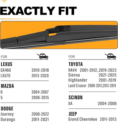 AUTOBOO 12 Inch Rear Wiper Blade Replacement for Toyota Rav4 2001-2025 Highlander 2001-2019 Sienna 2021-2025 Dodge journey Durango 2008-2022 Scinon XA Mazda 5 6 -OE BACK Wiper Blade 12" (Pack of 1)