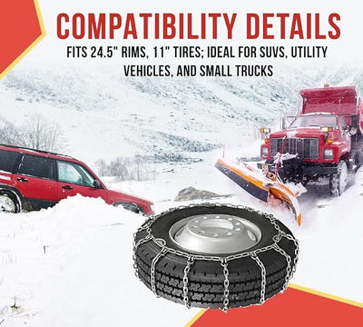 Mytee Products CAM Square Link Snow Tire Chain Compatible w/ 24.5" Rim Diameter & 11" Wide Car Pickup Low-duty Trucks SUV Tires, Emergency Tire Traction Grip Chains - Set of 2