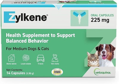 Vetoquinol Zylkene - Calming Oral Support for Medium Dogs & Large Cats - Supports Behavior & Occasional Anxiety - for Boarding, Vet Visits & Celebrations - Non-Drowsy & Lactose-Free - 14 Capsules