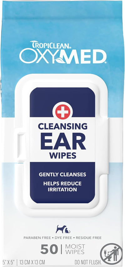 TropiClean Oxymed Soothing Ear Wipes for Dogs & Cats, Anti-Itch Relief, 50 Count