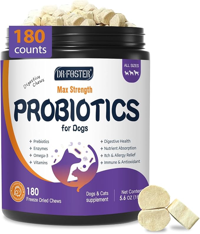 Probiotics for Dogs, Freeze-Dried Dog Probiotics and Digestive Enzymes, Plus Omega-3 for Itchy Skin, Prebiotics for Digestive Health, Dog Vitamins and Supplements for Immune Health, 180 Bites