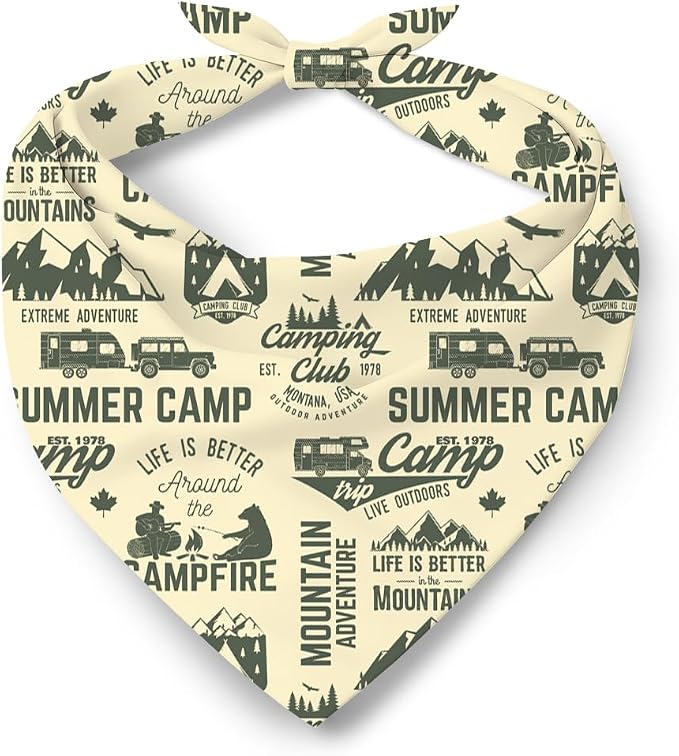 Camping Dog Bandana, Adventure Outdoor Woodland Camp Green Dog Scarf, Summer Camp Pet Accessories Bandana, Adjustable Triangle Pet Scarf for Small Medium Dogs