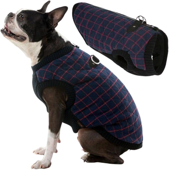 Fashion Vest, Small Dog Sweater Bomber Jacket Coat with Stretchable Chest, Navy Check, Large