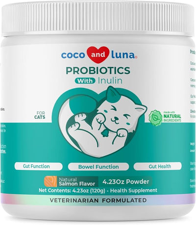 Probiotics for Cats Powder - Digestive, Gut & Diarrhea Support | With Inulin & Prebiotics. Supports gut health, reduces gas, diarrhea, constipation & allergy symptoms in cats.