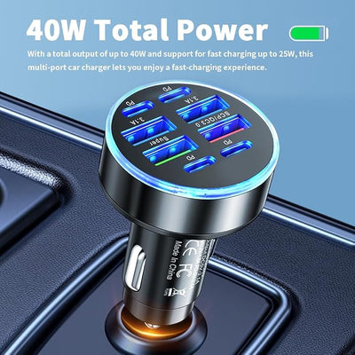 Car Charger Adapter with 8 Ports,40W 12V-24V Car Cigarette Lighter Adapter Includes 4 Type-C & 4 USB,Universal Fast Cars Charger Port Cars Accessories for Phone,Tablet,Dash Cam