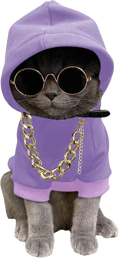 3Pcs Dog Hoodie Cat Apparel Dog Custume Set with Necklace and Sunglasses Pet Clothes for Puppy Small Medium Dogs Cats Mauve Purple X-Large