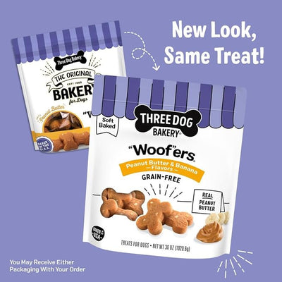 Three Dog Bakery Grain-Free “Woof”ers, Peanut Butter & Banana Flavor – Grain-Free Dog Treat, Cookies for Dog Training Treats, Puppy Treats with Real Ingredients