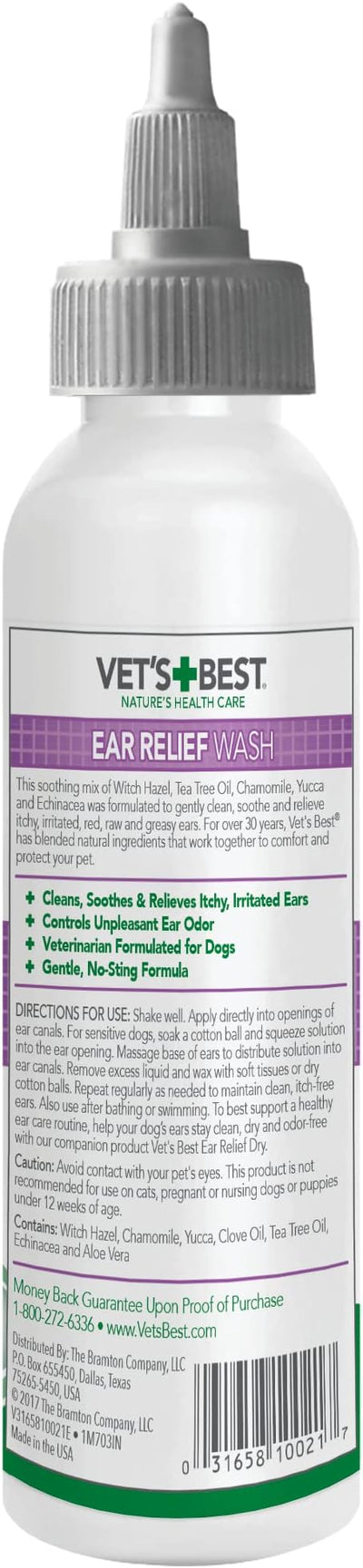 Vet's Best Dog Ear Relief Wash, Natural Ear Cleaner for Dogs with Aloe, Chamomile & Tea Tree Oil, Itch, Odor & Irritation Relief, Gentle Cleaning Solution, Vet Formulated, Made in USA, 4 fl oz