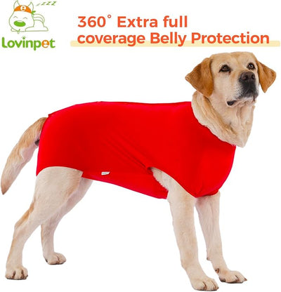 LovinPet Dog Recovery Suit, Easy Snap-Back Cover for Large Dogs, Bodysuit for Female Dogs, Solid-Color Surgery Suit with Cushioned Belly Panel, Red, XXL