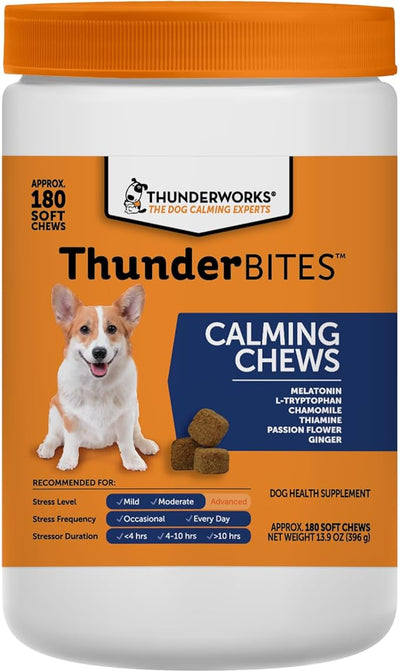 ThunderBites Dog Calming Chews, Thiamine, L-Tryptophan, Melatonin and Ginger, Can Help Relieve Stress from Separation, Storms, Fireworks & Travel (180 Count), Formerly ThunderWunders