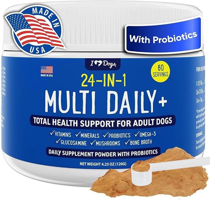 24-in-1 Adult Dog Multivitamin Daily+ Total Health Support Powder with Probiotics, Omega-3, Glucosamine, Mushrooms & Bone Broth - 60 Servings