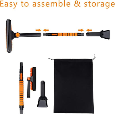 Set Orange Black Silver Snow Brush Ice Scraper with Extendable Handle w/Foam Grip, 41" Length, 180° Pivoting Head, Storage Bag, for Car Windshield Auto Truck SUV Home Use Winter Christmas