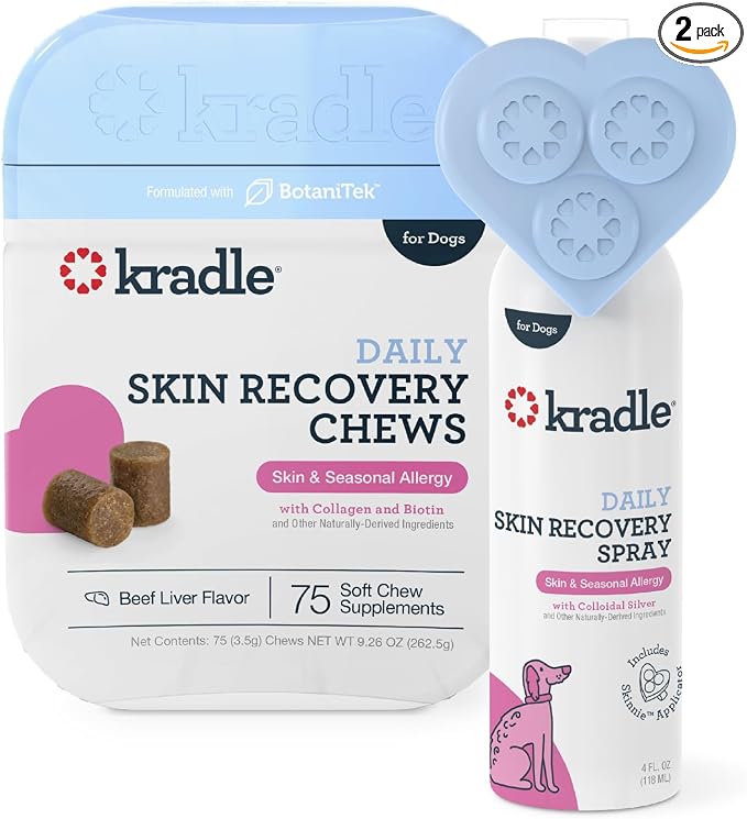 Skin Recovery Chews for Dogs - Biotin Collagen Zinc + Anti-Itch Spray - Soothes Environmental Skin Irritation - 75 Chews + 4oz Spray