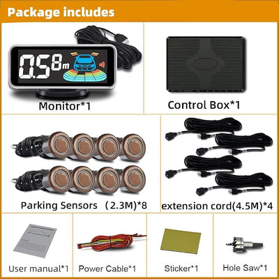 Parktronic 8 Parking Sensors Kit Reverse Backup Radar System Rear and Front View with Sound Warning Ultrasonic Distance Detection for Car Vihicle