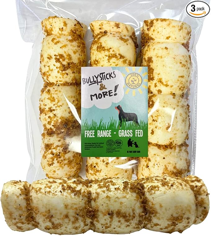 BULLYSTICKS & MORE 10-12" Beef Cheek Rolls for Dogs (Bully Bites Dusted - 3 Count) - Beef Cheek Bones for Dogs - Dog Parents Choice - Premium No Hide Rolls