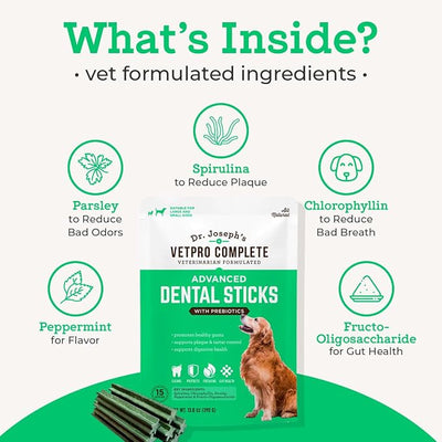 VetPro Complete Dr. Joseph's Advanced Dental Sticks with Prebiotics, 15 Sticks, Cleans Teeth, Freshens Bad Breath, and Supports Gut Health, Target Tartar and Plaque Build Up, Veterinarian Formulated